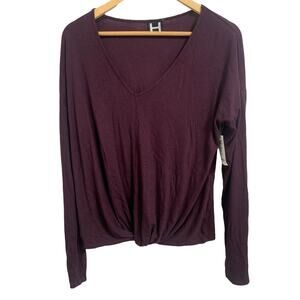 H‎ by Bordeaux women's burgundy v neck ribbed knotted long sleeve sweater L NEW
